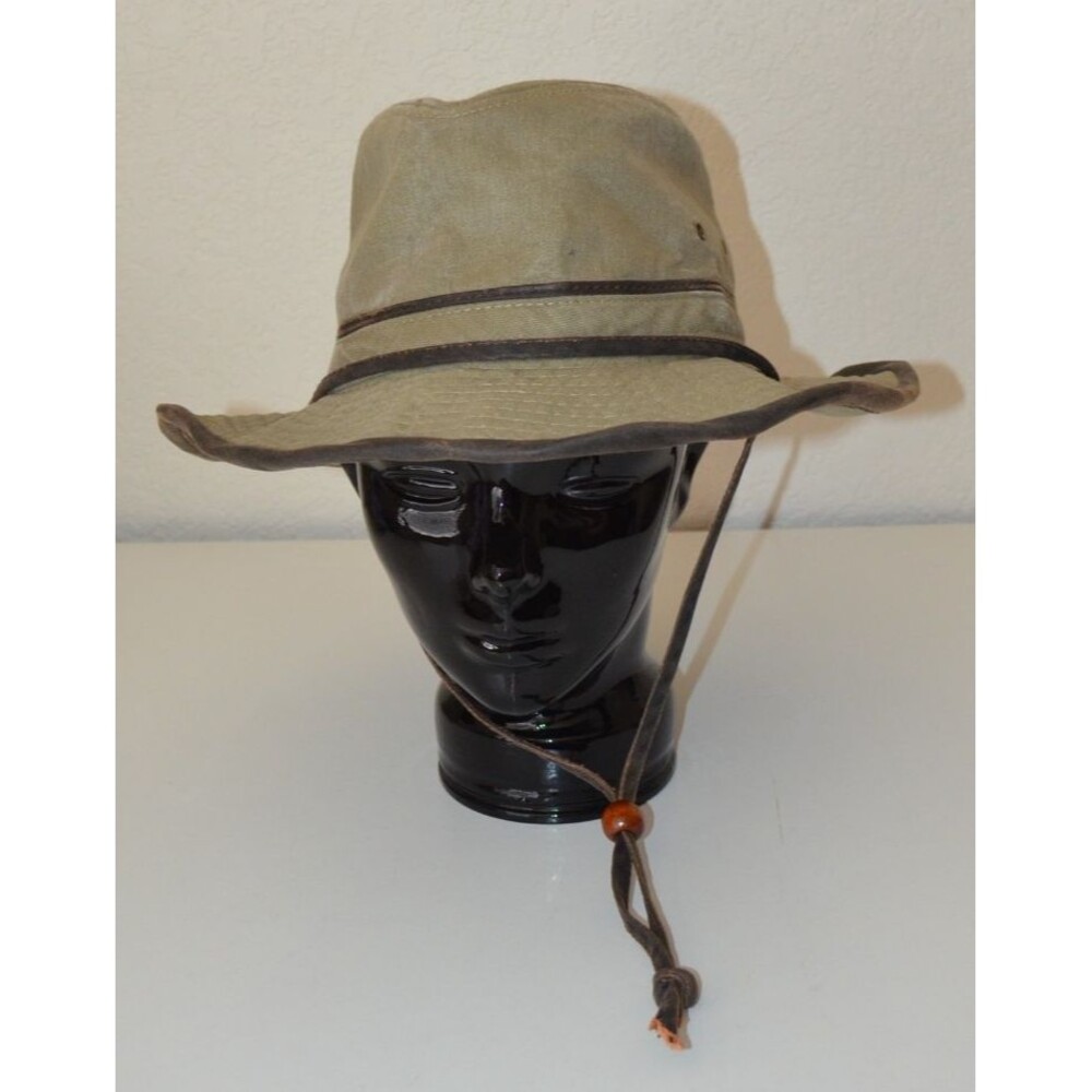 Vintage JHats Canvas Boonie Hat Faux Leather Rimmed Green Vented Size L Large